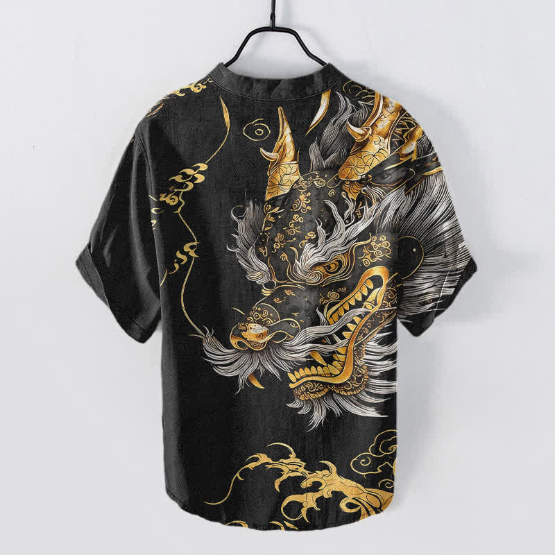 Buddha Stones Camicia da uomo a maniche corte con mezza abbottonatura, in cotone, con motivo drago dorato. - image 1