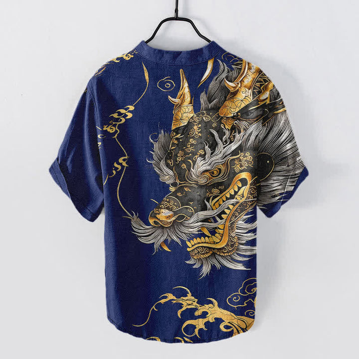 Buddha Stones Camicia da uomo a maniche corte con mezza abbottonatura, in cotone, con motivo drago dorato. - image 6