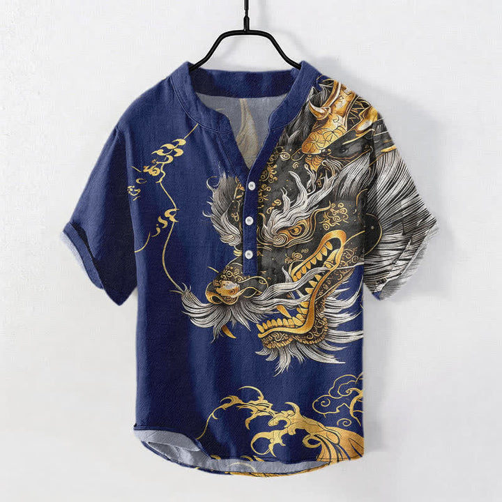 Buddha Stones Camicia da uomo a maniche corte con mezza abbottonatura, in cotone, con motivo drago dorato. - Marina - US/UK/AU50, EU60 (5XL) - image 5