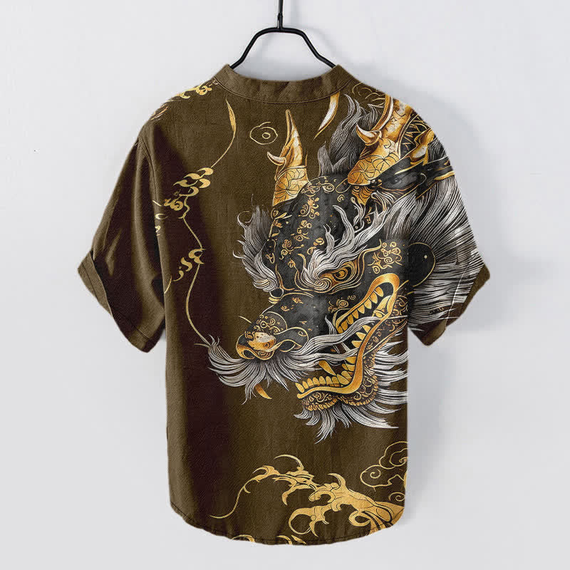 Buddha Stones Camicia da uomo a maniche corte con mezza abbottonatura, in cotone, con motivo drago dorato. - image 8