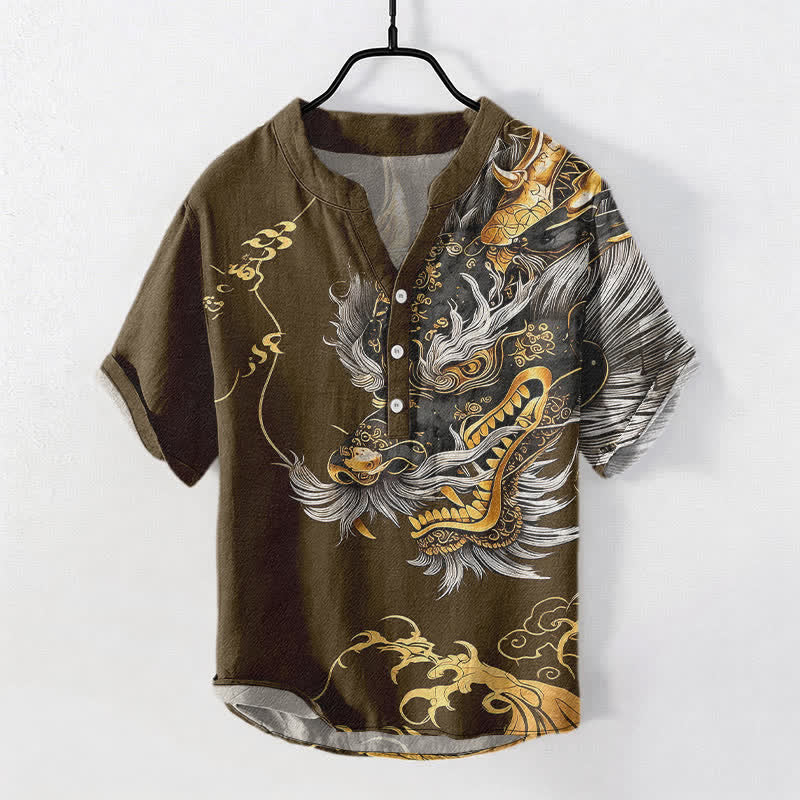 Buddha Stones Camicia da uomo a maniche corte con mezza abbottonatura, in cotone, con motivo drago dorato. - Marrone sella - US/UK/AU50, EU60 (5XL) - image 7