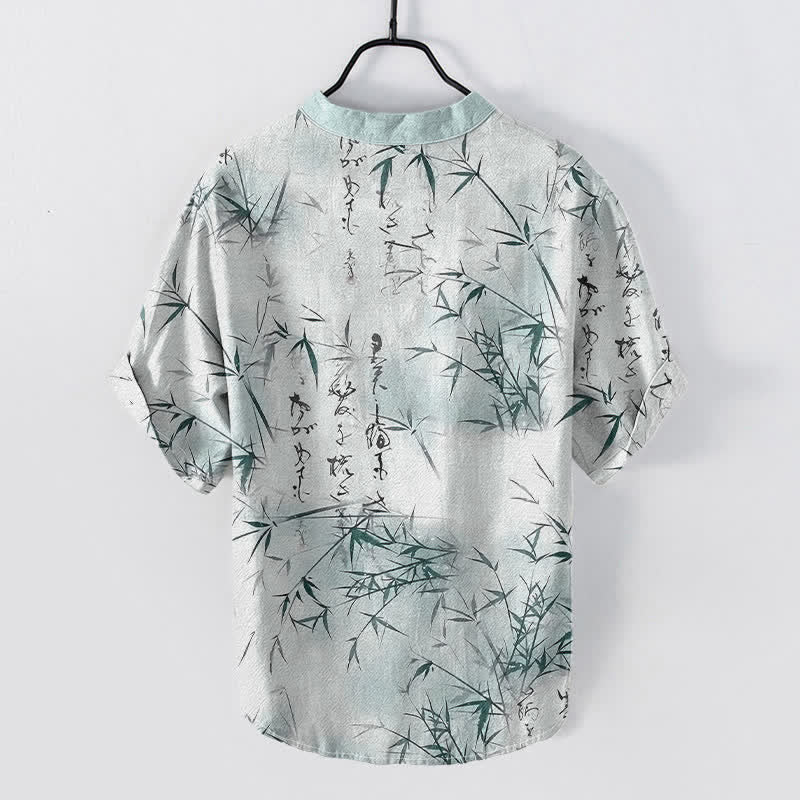 Buddha Stones Camicia da uomo a maniche corte con mezzo bottone, stampa calligrafica in bambù e inchiostro di cotone. - image 1