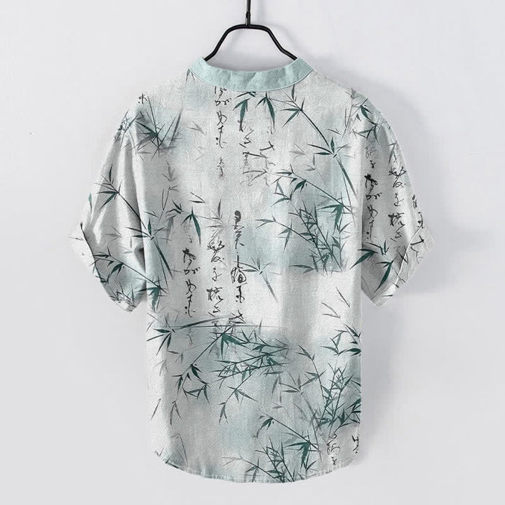 Buddha Stones Camicia da uomo a maniche corte con mezzo bottone, stampa calligrafica in bambù e inchiostro di cotone. - image 1
