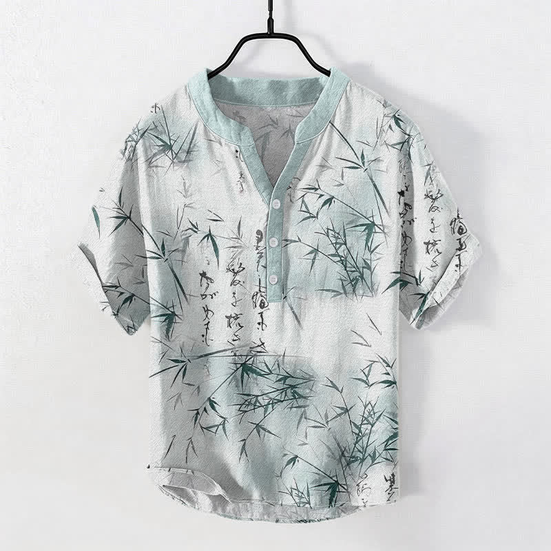 Buddha Stones Camicia da uomo a maniche corte con mezzo bottone, stampa calligrafica in bambù e inchiostro di cotone. - Turchese pallido - US/UK/AU50, EU60 (5XL) - image 0