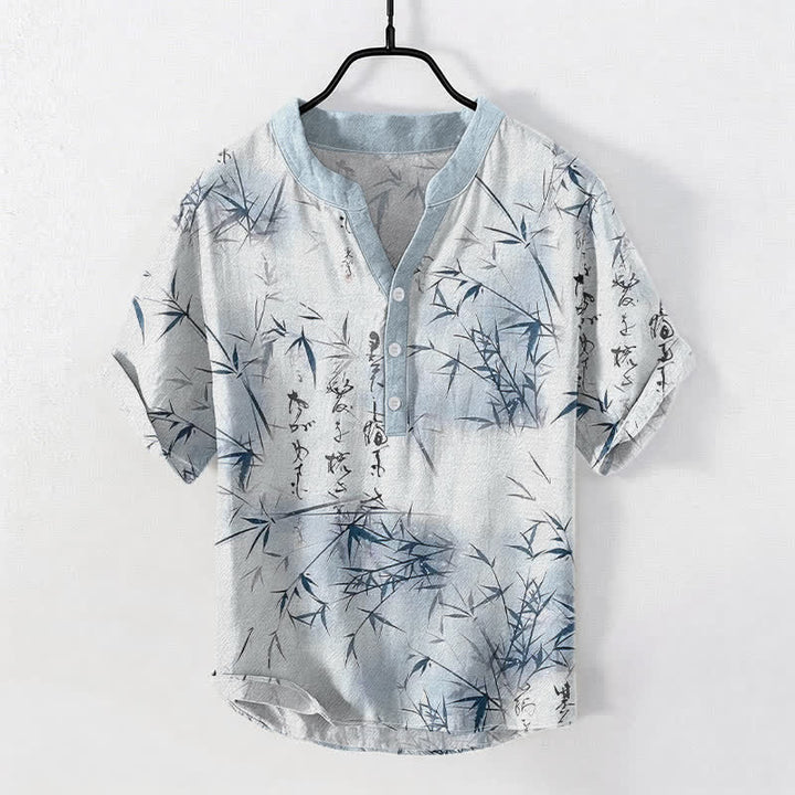 Buddha Stones Camicia da uomo a maniche corte con mezzo bottone, stampa calligrafica in bambù e inchiostro di cotone. - Azzurro chiaro - US/UK/AU50, EU60 (5XL) - image 3