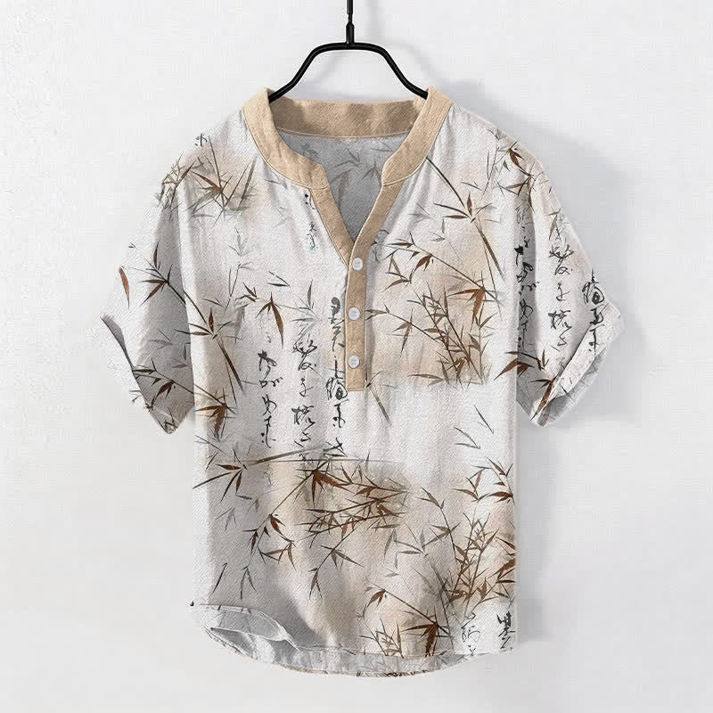 Buddha Stones Camicia da uomo a maniche corte con mezzo bottone, stampa calligrafica in bambù e inchiostro di cotone. - Biancheria - US/UK/AU50, EU60 (5XL) - image 5
