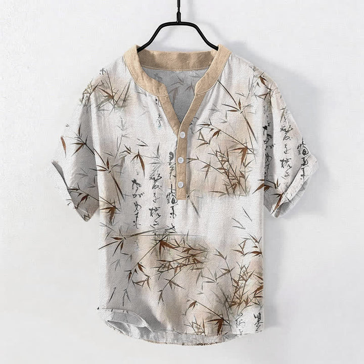 Buddha Stones Camicia da uomo a maniche corte con mezzo bottone, stampa calligrafica in bambù e inchiostro di cotone. - Biancheria - US/UK/AU50, EU60 (5XL) - image 5