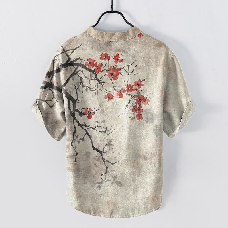Buddha Stones Camicia da uomo a maniche corte con mezza abbottonatura, in cotone, con motivo a ramo di pruno in fiore. - image 1