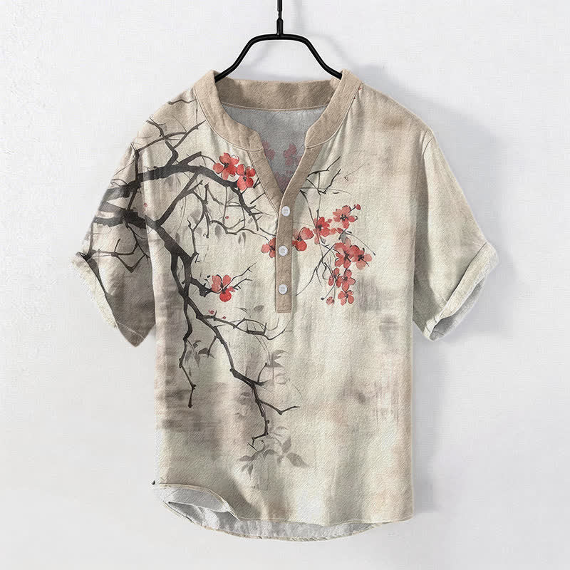 Buddha Stones Camicia da uomo a maniche corte con mezza abbottonatura, in cotone, con motivo a ramo di pruno in fiore. - Biancheria - US/UK/AU50, EU60 (5XL) - image 0