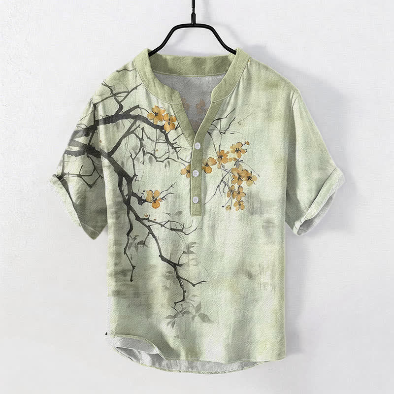 Buddha Stones Camicia da uomo a maniche corte con mezza abbottonatura, in cotone, con motivo a ramo di pruno in fiore. - Verde pallido - US/UK/AU50, EU60 (5XL) - image 3