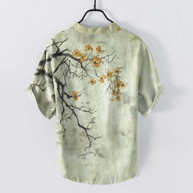 Buddha Stones Camicia da uomo a maniche corte con mezza abbottonatura, in cotone, con motivo a ramo di pruno in fiore. - image 4