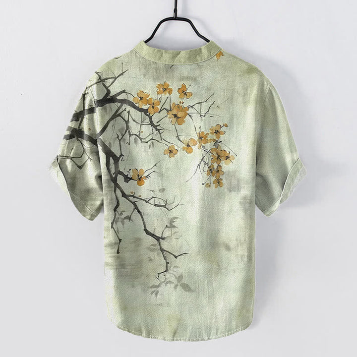 Buddha Stones Camicia da uomo a maniche corte con mezza abbottonatura, in cotone, con motivo a ramo di pruno in fiore. - image 4