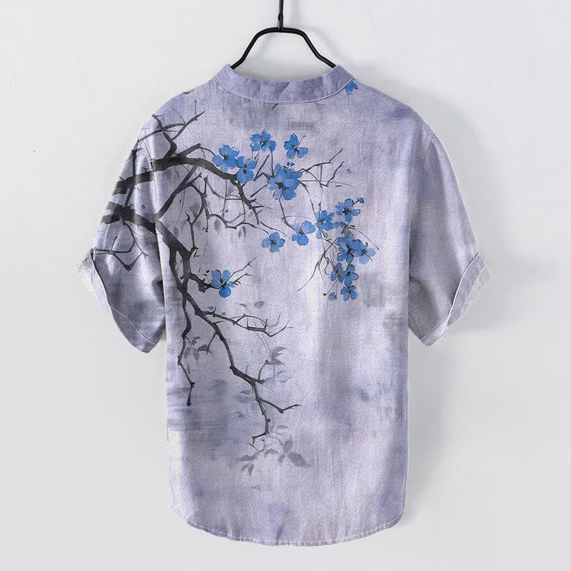 Buddha Stones Camicia da uomo a maniche corte con mezza abbottonatura, in cotone, con motivo a ramo di pruno in fiore. - image 6