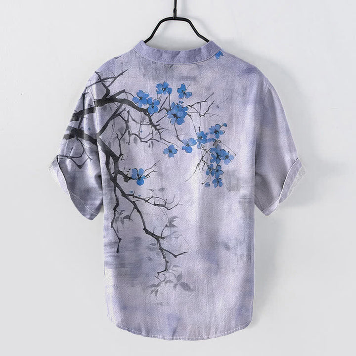 Buddha Stones Camicia da uomo a maniche corte con mezza abbottonatura, in cotone, con motivo a ramo di pruno in fiore. - image 6