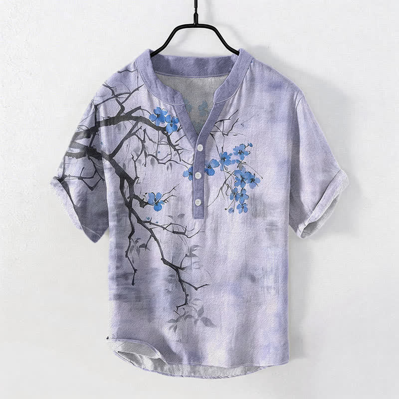 Buddha Stones Camicia da uomo a maniche corte con mezza abbottonatura, in cotone, con motivo a ramo di pruno in fiore. - Lavanda - US/UK/AU50, EU60 (5XL) - image 5