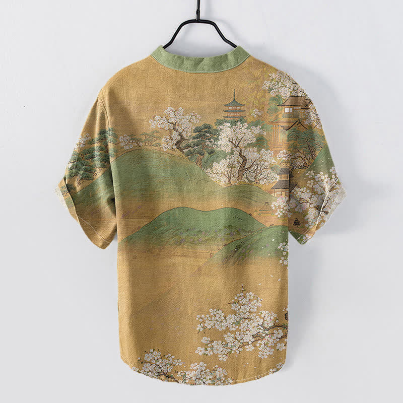 Buddha Stones Camicia da uomo a maniche corte con mezzo bottone e motivo a fiori di montagna in cotone - image 1