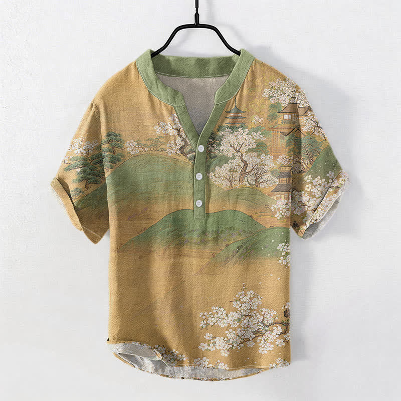 Buddha Stones Camicia da uomo a maniche corte con mezzo bottone e motivo a fiori di montagna in cotone - Tan - US/UK/AU50, EU60 (5XL) - image 0