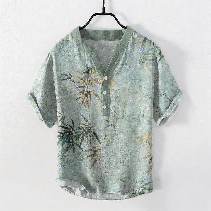Buddha Stones Camicia da uomo a maniche corte con mezza abbottonatura, stampa a foglie di bambù, in cotone, con inchiostro. - Acquamarina media - US/UK/AU50, EU60 (5XL) - image 0