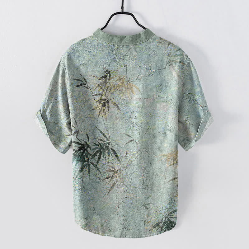 Buddha Stones Camicia da uomo a maniche corte con mezza abbottonatura, stampa a foglie di bambù, in cotone. - image 1