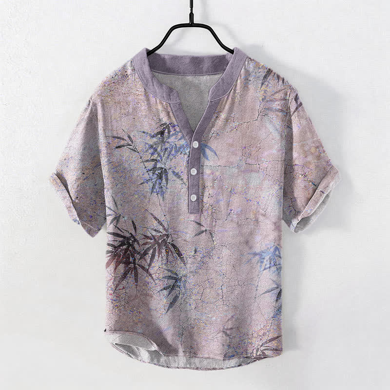 Buddha Stones Camicia da uomo a maniche corte con mezza abbottonatura, stampa a foglie di bambù, in cotone, con inchiostro. - Cardo - US/UK/AU50, EU60 (5XL) - image 3