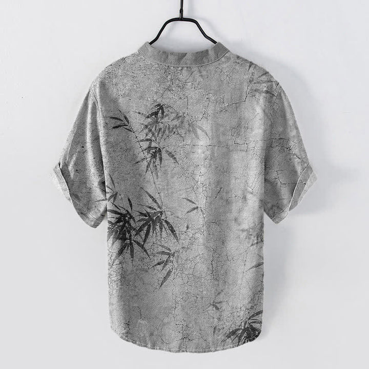 Buddha Stones Camicia da uomo a maniche corte con mezza abbottonatura, stampa a foglie di bambù, in cotone, con inchiostro. - image 6