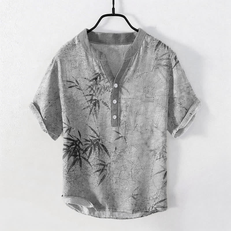 Buddha Stones Camicia da uomo a maniche corte con mezza abbottonatura, stampa a foglie di bambù, in cotone, con inchiostro. - Grigio chiaro - US/UK/AU50, EU60 (5XL) - image 5
