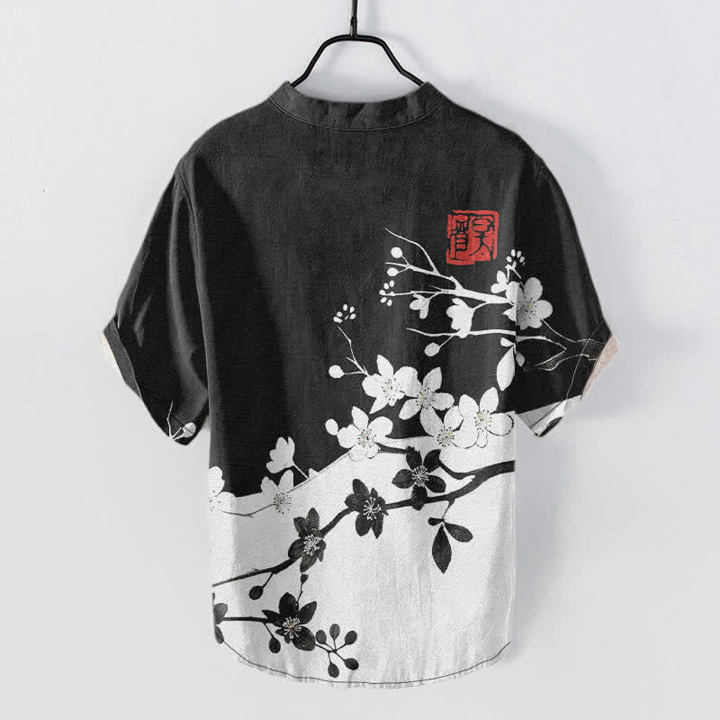 Buddha Stones Camicia da uomo a maniche corte con mezza abbottonatura, in cotone, con motivo a ramo di pruno in fiore. - image 1