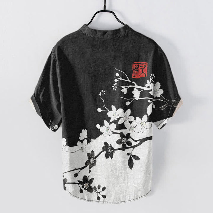 Buddha Stones Camicia da uomo a maniche corte con mezza abbottonatura, in cotone, con motivo a ramo di pruno in fiore. - image 1