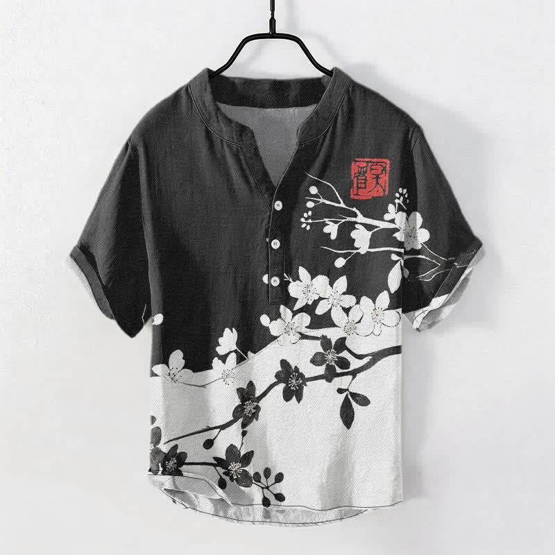 Buddha Stones Camicia da uomo a maniche corte con mezza abbottonatura, in cotone, con motivo a ramo di pruno in fiore. - Nero - US/UK/AU50, EU60 (5XL) - image 0