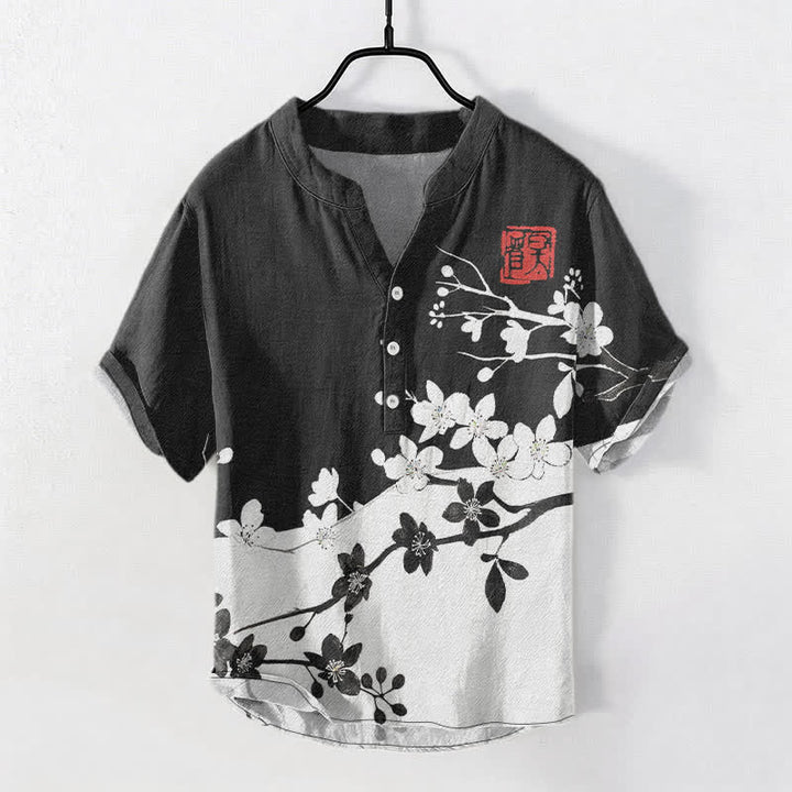 Buddha Stones Camicia da uomo a maniche corte con mezza abbottonatura, in cotone, con motivo a ramo di pruno in fiore. - Nero - US/UK/AU50, EU60 (5XL) - image 0