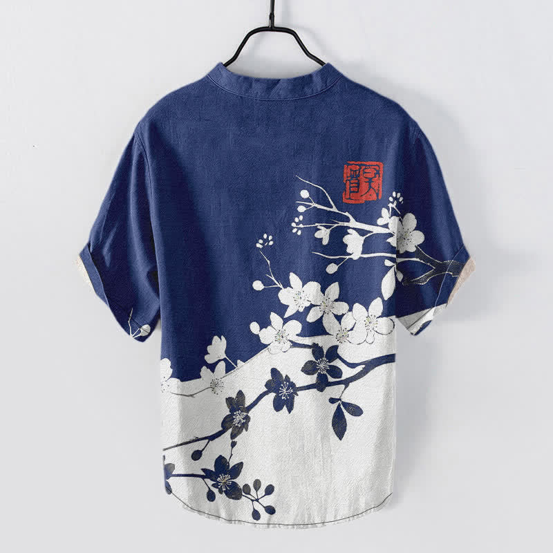 Buddha Stones Camicia da uomo a maniche corte con mezza abbottonatura, in cotone, con motivo a ramo di pruno in fiore. - image 6