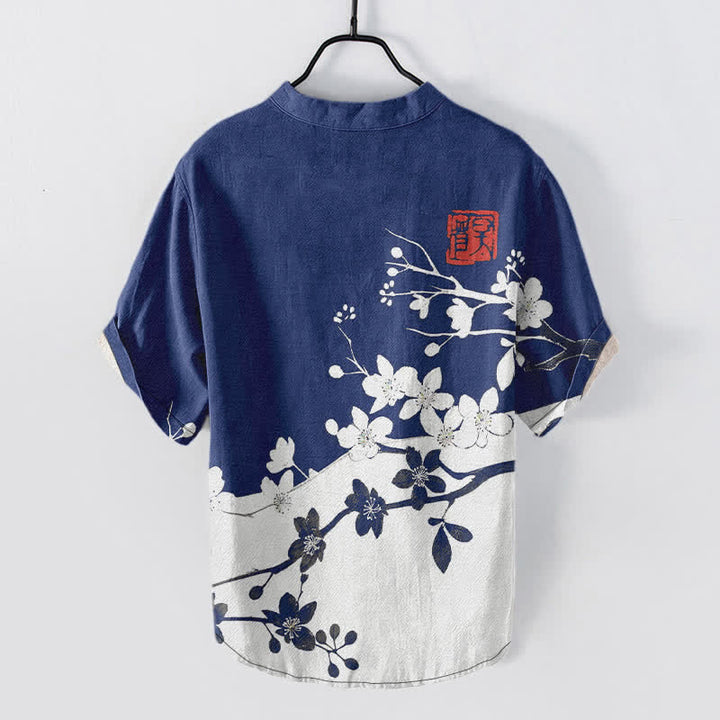 Buddha Stones Camicia da uomo a maniche corte con mezza abbottonatura, in cotone, con motivo a ramo di pruno in fiore. - image 6