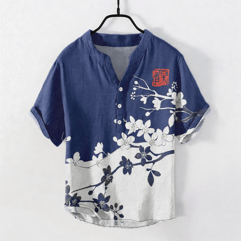 Buddha Stones Camicia da uomo a maniche corte con mezza abbottonatura, in cotone, con motivo a ramo di pruno in fiore. - Marina - US/UK/AU50, EU60 (5XL) - image 5