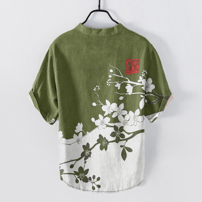 Buddha Stones Camicia da uomo a maniche corte con mezza abbottonatura, in cotone, con motivo a ramo di pruno in fiore. - image 8