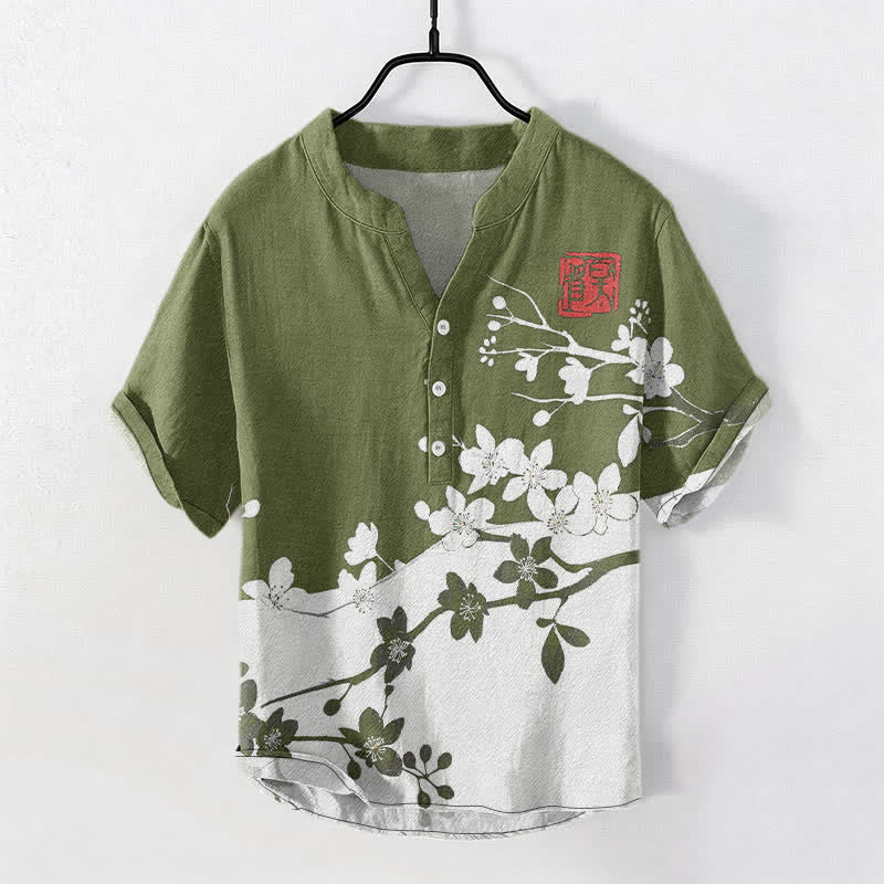 Buddha Stones Camicia da uomo a maniche corte con mezza abbottonatura, in cotone, con motivo a ramo di pruno in fiore. - Verde oliva - US/UK/AU50, EU60 (5XL) - image 7
