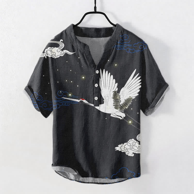 Buddha Stones Camicia da uomo a maniche corte con mezza abbottonatura, in cotone, con motivo gru volanti e nuvole. - Nero - US/UK/AU50, EU60 (5XL) - image 0