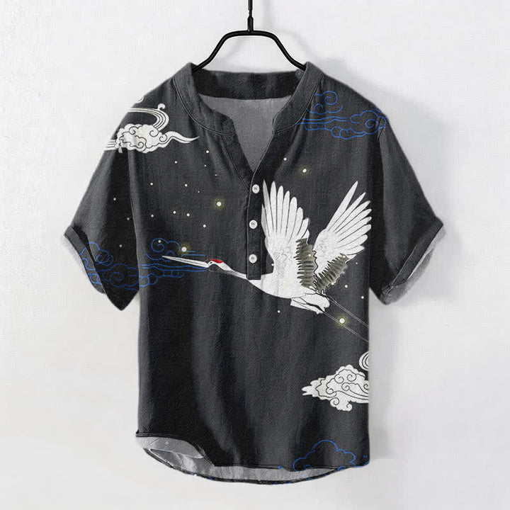 Buddha Stones Camicia da uomo a maniche corte con mezza abbottonatura, in cotone, con motivo gru volanti e nuvole. - Nero - US/UK/AU50, EU60 (5XL) - image 0
