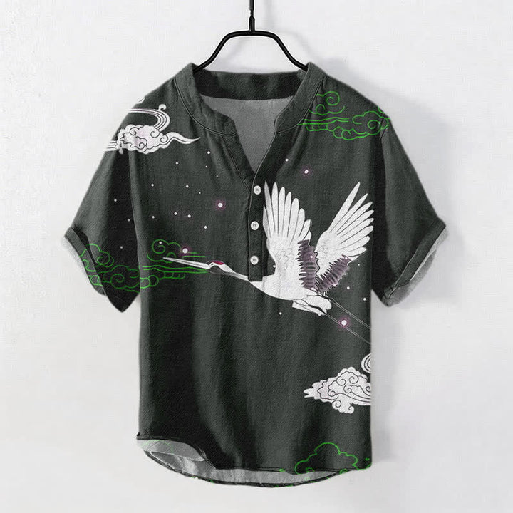 Buddha Stones Camicia da uomo a maniche corte con mezza abbottonatura, in cotone, con motivo gru volanti e nuvole. - Grigio ardesia scuro - US/UK/AU50, EU60 (5XL) - image 5