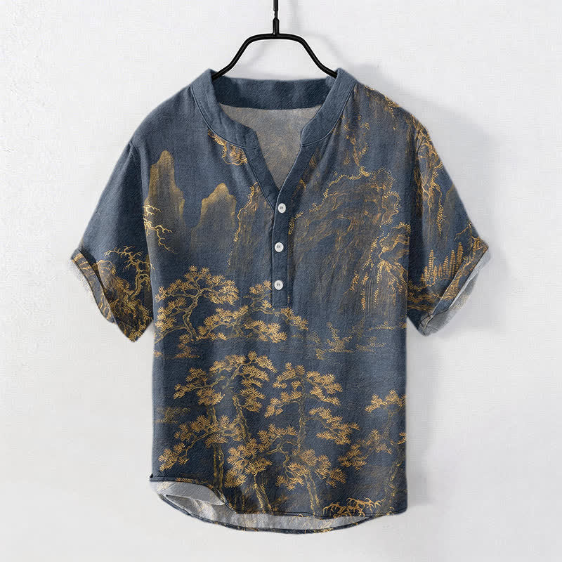 Buddha Stones Camicia da uomo a maniche corte con mezzo bottone, in cotone, con motivo a pini dorati di montagna. - Verga d'oro - US/UK/AU50, EU60 (5XL) - image 0