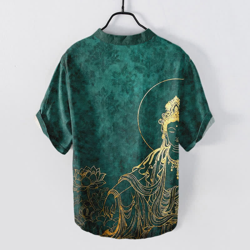 Buddha Stones Camicia da uomo a maniche corte con mezza abbottonatura, in cotone, con motivo Buddha dorato e loto. - image 1