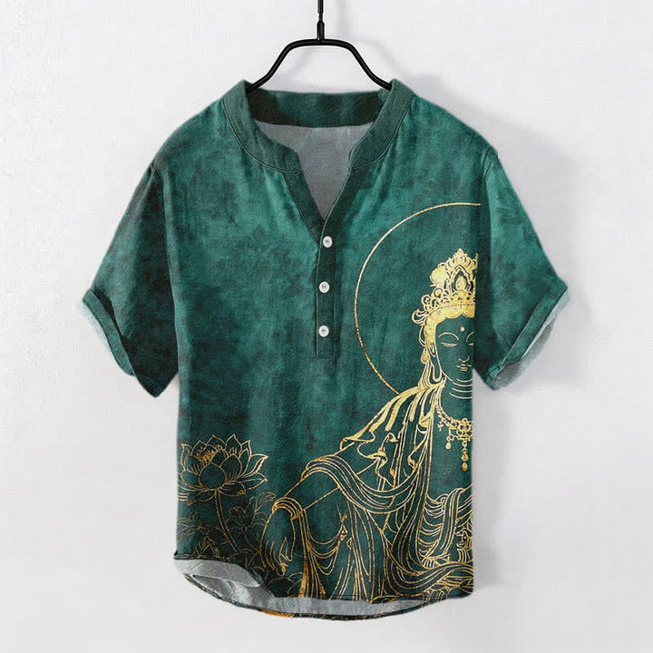 Buddha Stones Camicia da uomo a maniche corte con mezza abbottonatura, in cotone, con motivo Buddha dorato e loto. - Verde mare - US/UK/AU50, EU60 (5XL) - image 0