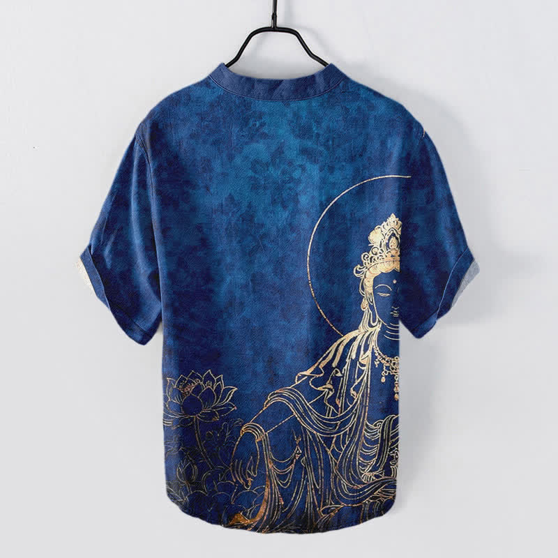 Buddha Stones Camicia da uomo a maniche corte con mezza abbottonatura, in cotone, con motivo Buddha dorato e loto. - image 6