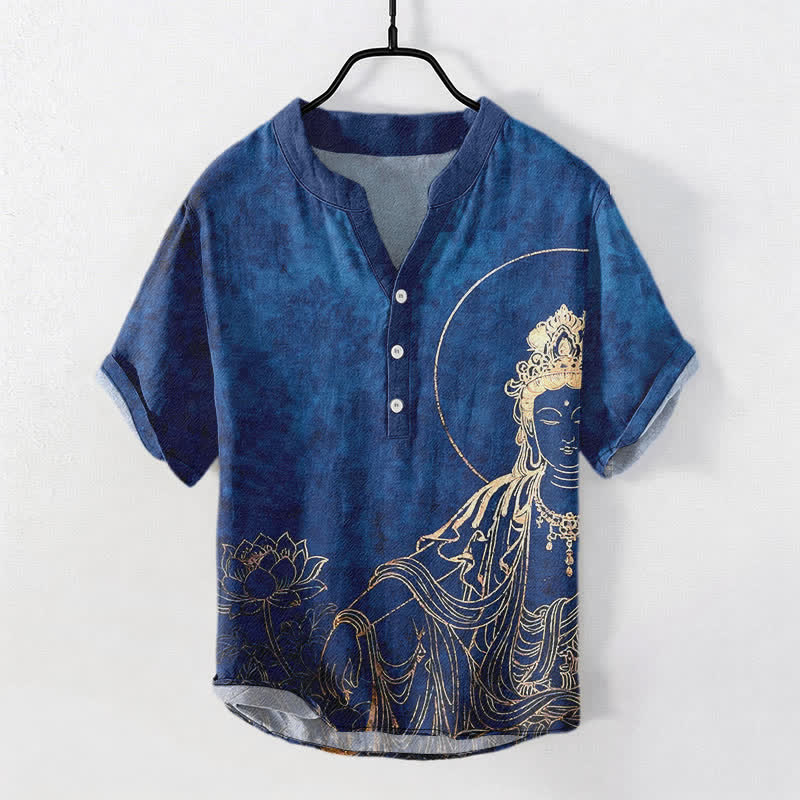 Buddha Stones Camicia da uomo a maniche corte con mezza abbottonatura, in cotone, con motivo Buddha dorato e loto. - Marina - US/UK/AU50, EU60 (5XL) - image 5