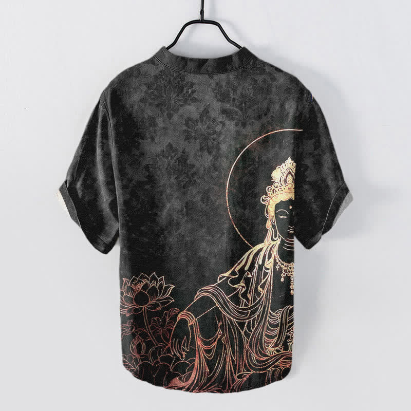 Buddha Stones Camicia da uomo a maniche corte con mezza abbottonatura, in cotone, con motivo Buddha dorato e loto. - image 8
