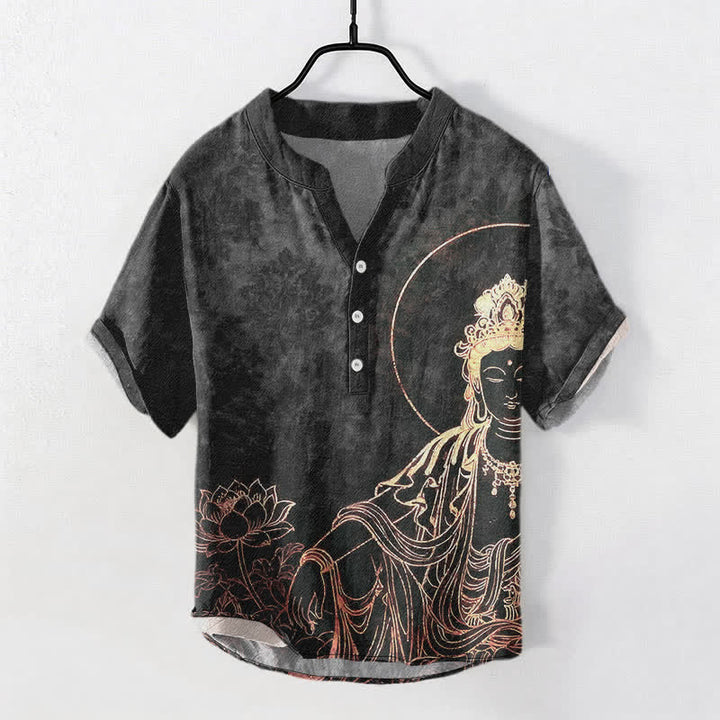 Buddha Stones Camicia da uomo a maniche corte con mezza abbottonatura, in cotone, con motivo Buddha dorato e loto. - Grigio tenue - US/UK/AU50, EU60 (5XL) - image 7