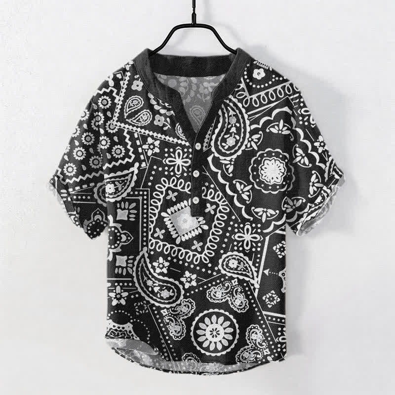 Buddha Stones Camicia da uomo classica in cotone bianco con motivo paisley, maniche corte e mezza bottoni. - Nero - US/UK/AU50, EU60 (5XL) - image 0