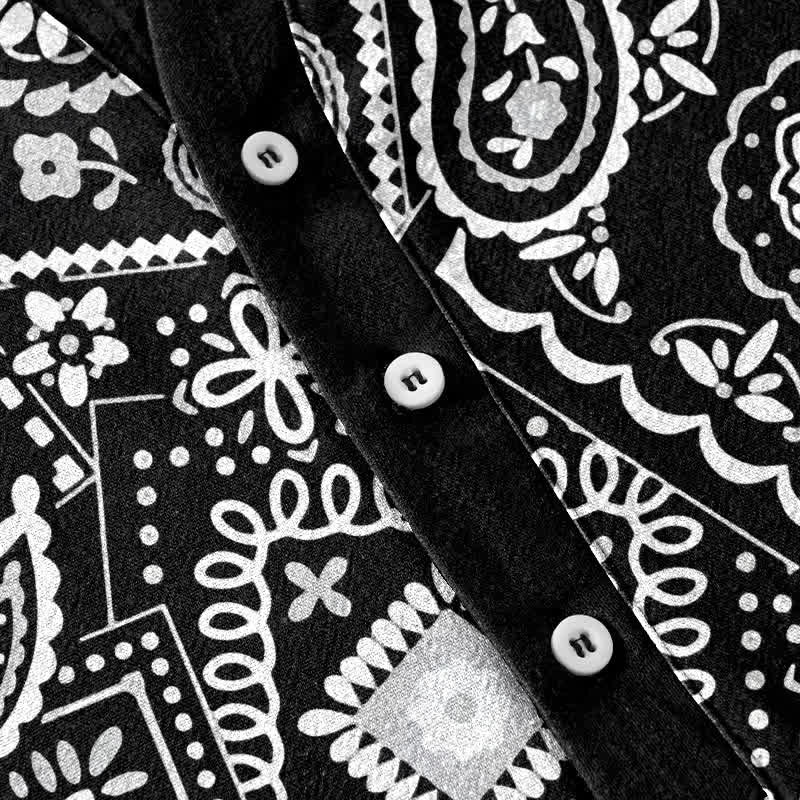 Buddha Stones Camicia da uomo classica in cotone bianco con motivo paisley, maniche corte e mezza bottoni. - image 3
