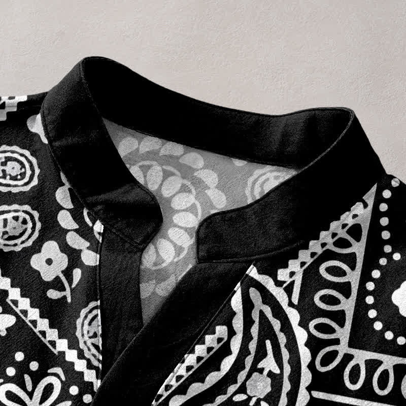 Buddha Stones Camicia da uomo classica in cotone bianco con motivo paisley, maniche corte e mezza bottoni. - image 2