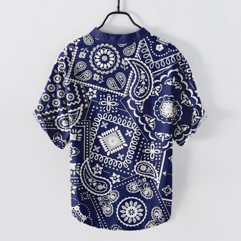 Buddha Stones Camicia da uomo classica in cotone bianco con motivo paisley, maniche corte e mezza bottoni. - image 6