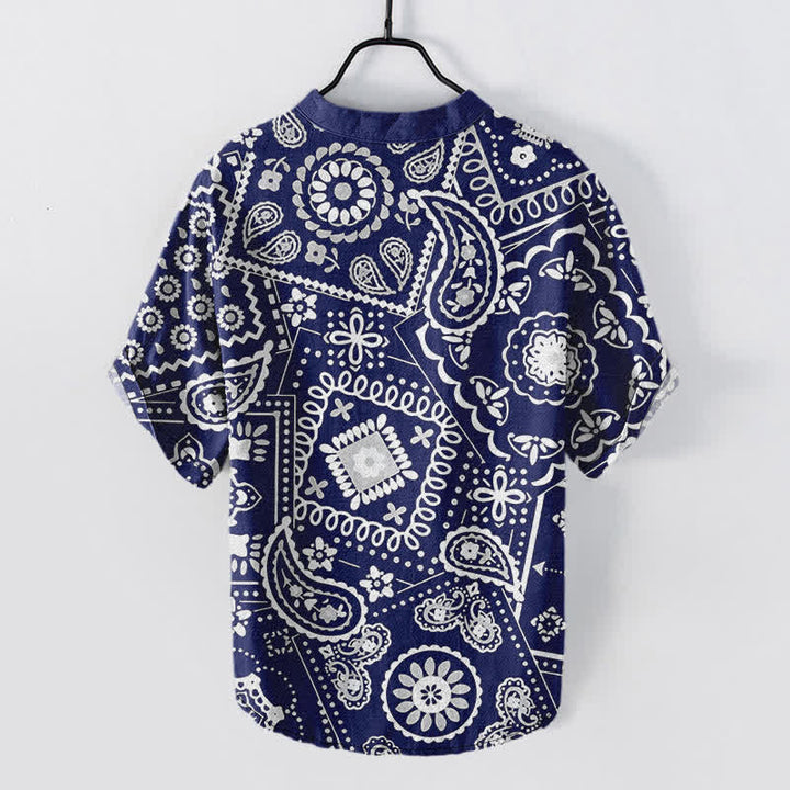 Buddha Stones Camicia da uomo classica in cotone bianco con motivo paisley, maniche corte e mezza bottoni. - image 6